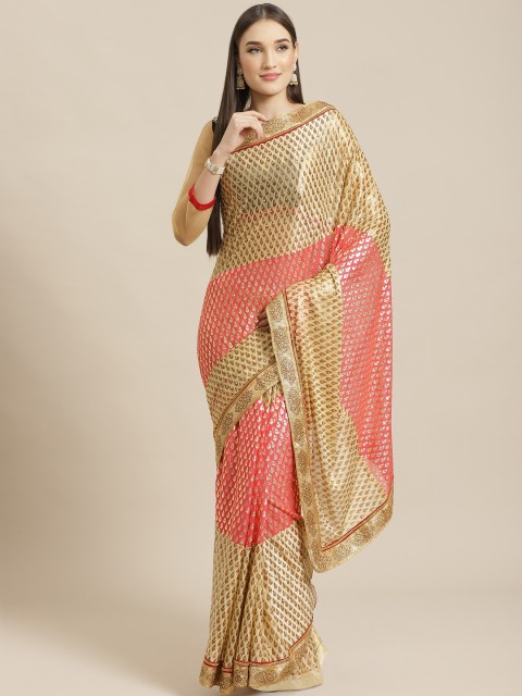 

Chhabra 555 Golden & Coral Pink Woven Design Saree, Gold