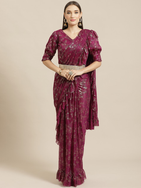 

Chhabra 555 Burgundy & Golden Foil Print Read-To-Wear Belted Saree