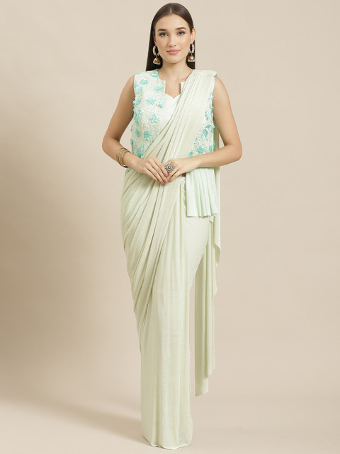 

Chhabra 555 Green Solid Ruffled Read-To-Wear Saree