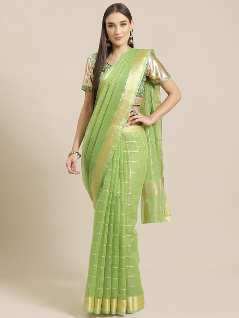 

Chhabra 555 Green & Golden Striped Chanderi Saree