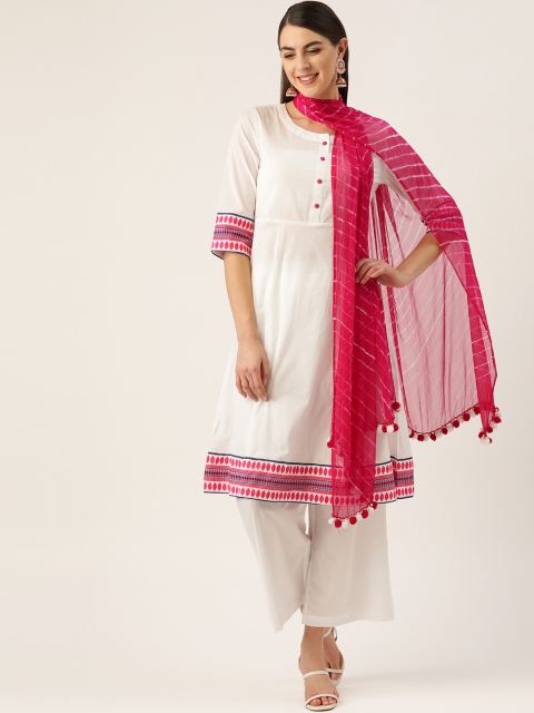 

Laabha Women White & Pink Solid Kurta with Palazzos & Leheriya Dupatta