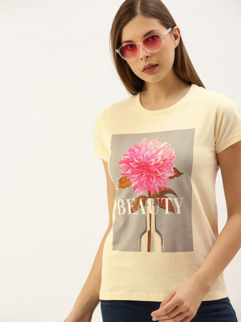 

DILLINGER Women Cream-Coloured Printed Round Neck Regular Fit T-shirt