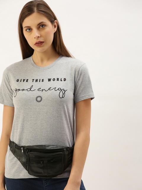 

DILLINGER Women Grey Melange Printed Round Neck Regular Fit T-shirt