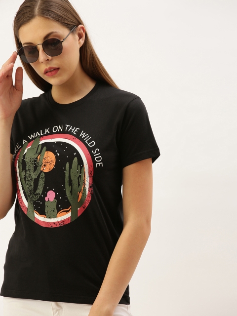 

DILLINGER Women Black Graphic Printed Round Neck Regular Fit Pure Cotton T-shirt