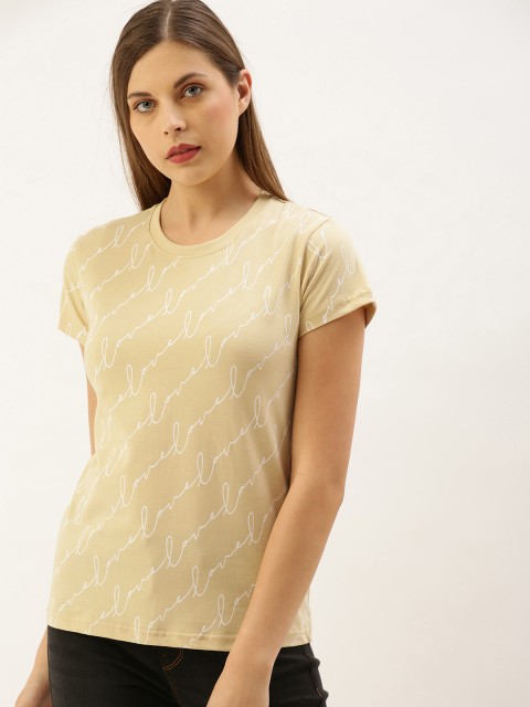 

DILLINGER Women Beige White Printed Round Neck Regular Fit Pure Cotton T-shirt