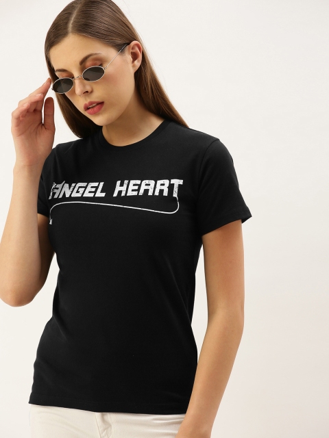 

DILLINGER Women Black Printed Round Neck Regular Fit Pure Cotton T-shirt
