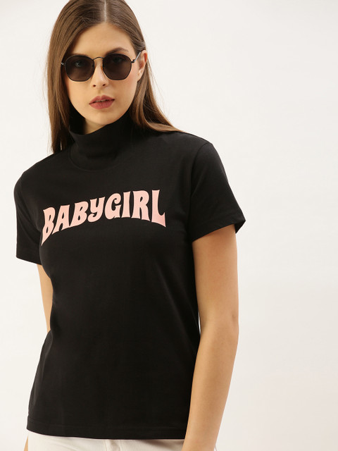 

DILLINGER Women Black Printed High Neck Regular Fit Pure Cotton T-shirt