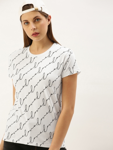 

DILLINGER Women White Black Printed Round Neck Regular Fit Pure Cotton T-shirt