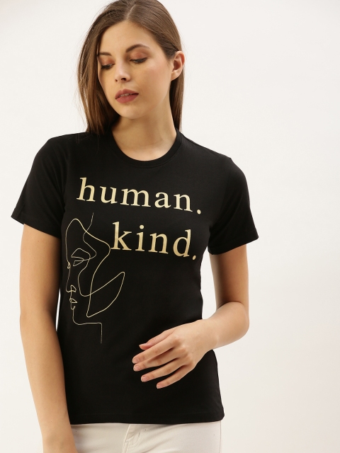 

DILLINGER Women Black Printed Round Neck Regular Fit Pure Cotton T-shirt