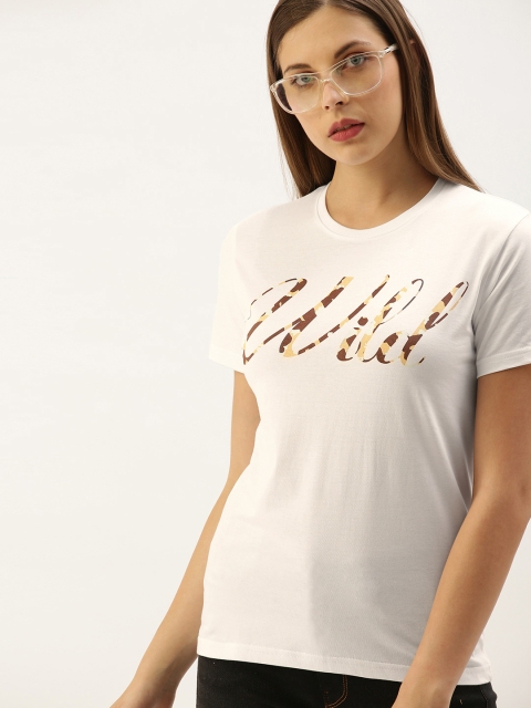 

DILLINGER Women White Printed Round Neck Regular Fit Pure Cotton T-shirt