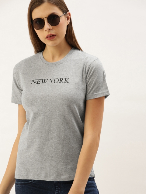 

DILLINGER Women Grey Melange Printed Round Neck Regular Fit T-shirt