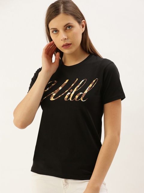 

DILLINGER Women Black Printed Round Neck Regular Fit Pure Cotton T-shirt