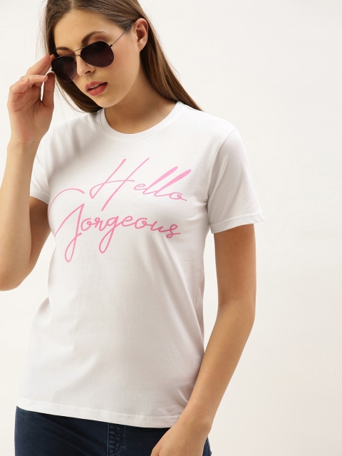 

DILLINGER Women White Printed Round Neck Regular Fit Pure Cotton T-shirt
