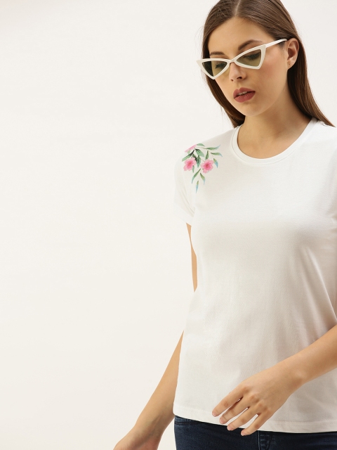 

DILLINGER Women White Solid Round Neck Regular Fit Pure Cotton T-shirt With Floral Printed
