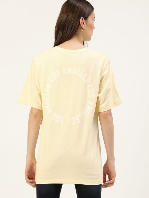 

DILLINGER Women Off-White Back Printed Round Neck Longline Oversized Pure Cotton T-shirt