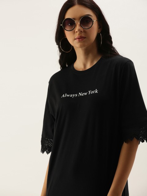 

DILLINGER Women Black Printed Round Neck Oversized Pure Cotton T-shirt with Lace Inserts