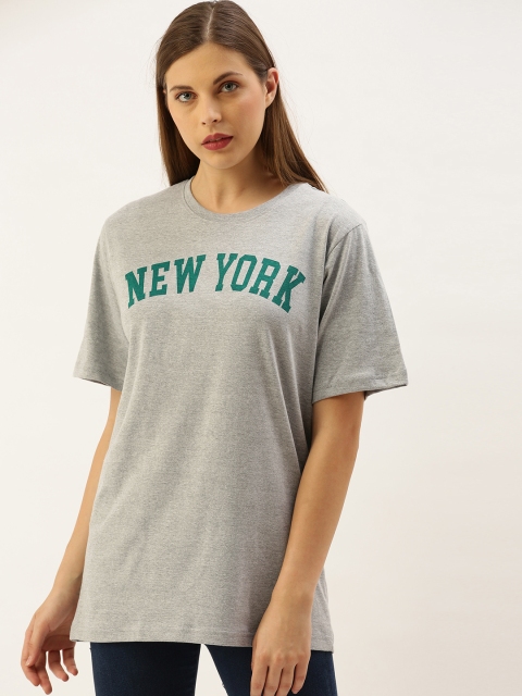 

DILLINGER Women Grey Melange Printed Round Neck Oversized T-shirt