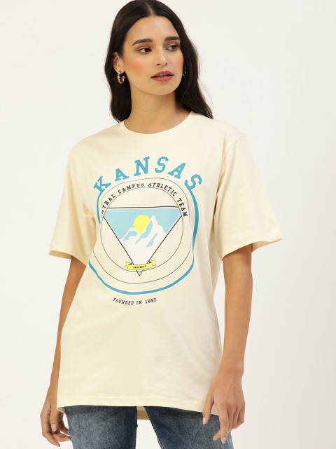 

DILLINGER Women Off-White Printed Round Neck Longline Oversized Pure Cotton T-shirt