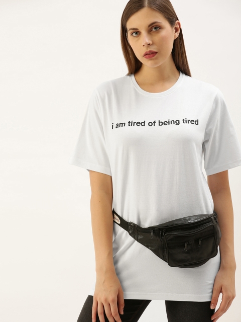 

DILLINGER Women White Printed Round Neck Oversized Pure Cotton T-shirt