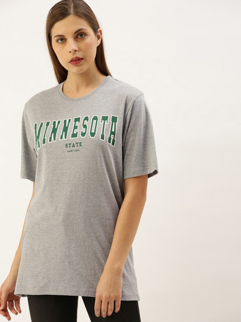

DILLINGER Women Grey Melange Printed Round Neck Longline Oversized Pure Cotton T-shirt
