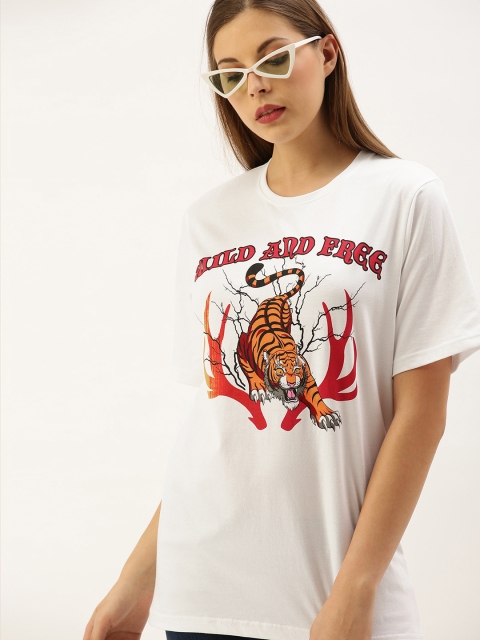 

DILLINGER Women White Graphic Printed Round Neck Oversized Pure Cotton T-shirt