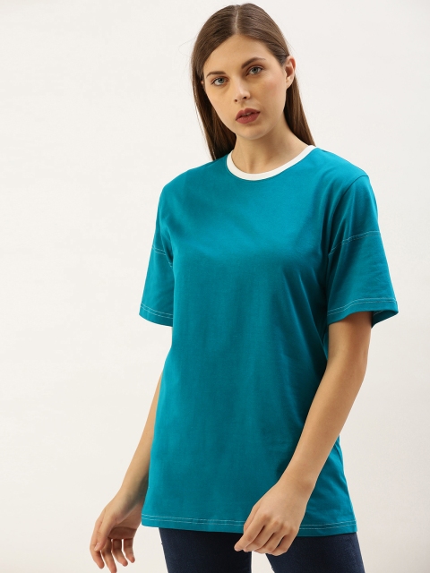 

DILLINGER Women Blue Printed Round Neck Oversized T-shirt, Teal