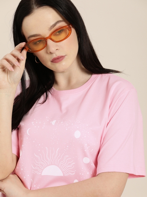 

DILLINGER Women Pink White Printed Loose Pure Cotton T-shirt
