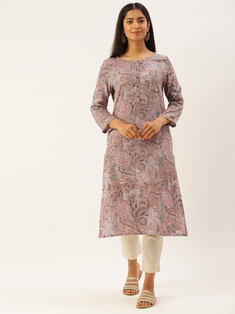 

AMUKTI Beige & Pink Ethnic Motifs Print Straight Kurta