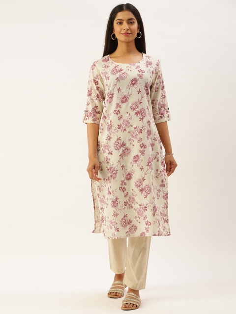 

AMUKTI Women Off White & Pink Floral Print Roll-Up Sleeves Kurta