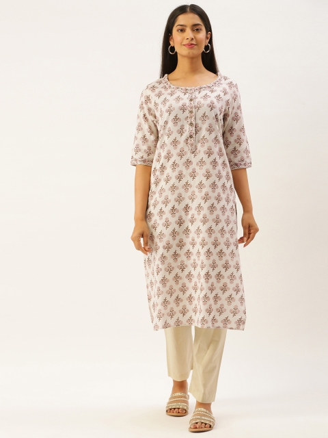 

AMUKTI Women Off White & Pink Floral Print Kurta