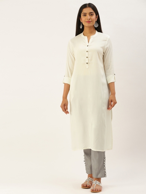 

AMUKTI Women Off White Solid Mandarin Collar Roll-Up Sleeves Kurta
