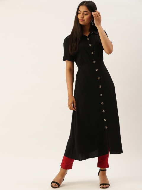 

AMUKTI Black Solid Ankle Length A-Line Kurta with Gathered Detail