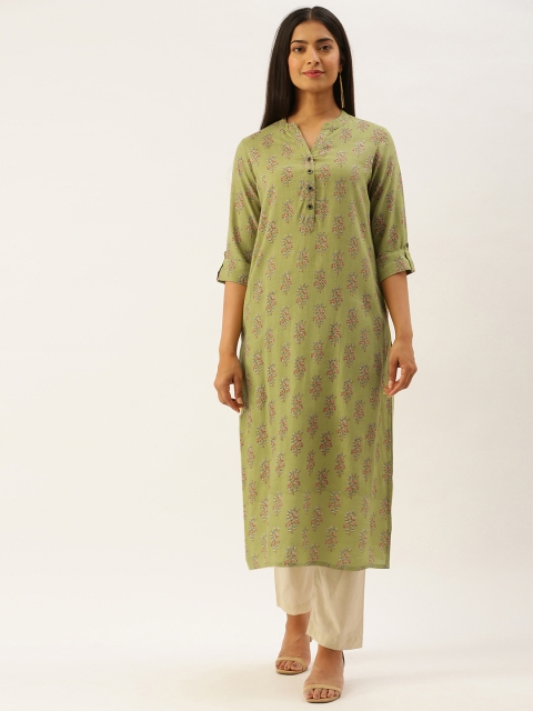 

AMUKTI Women Green & Pink Hand Block Floral Print Mandarin Collar Roll-Up Sleeves Kurta