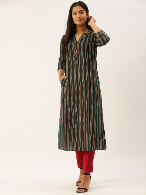 

AMUKTI Green & Red Striped Straight Kurta