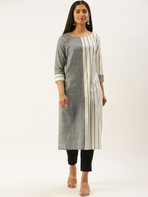 

AMUKTI Grey & White Striped Straight Kurta