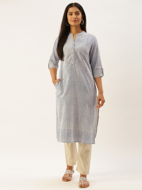 

AMUKTI Women White & Blue Striped Mandarin Collar Roll-Up Sleeves Kurta