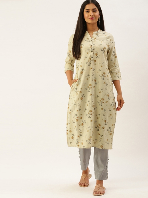 

AMUKTI Beige & Grey Floral Print Straight Kurta