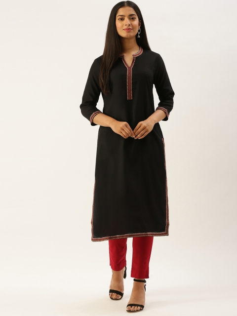 

AMUKTI Black Ethnic Motifs Embroidered Thread Work Straight Kurta