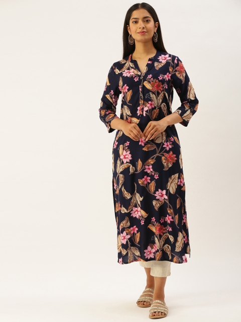 

AMUKTI Navy Blue & Beige Floral Print Straight Kurta