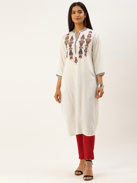 

AMUKTI White & Red Ethnic Motifs Embroidered Straight Kurta