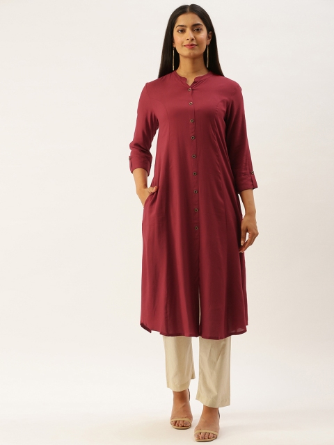 

AMUKTI Women Maroon Solid Mandarin Collar Roll-Up Sleeves Kurta