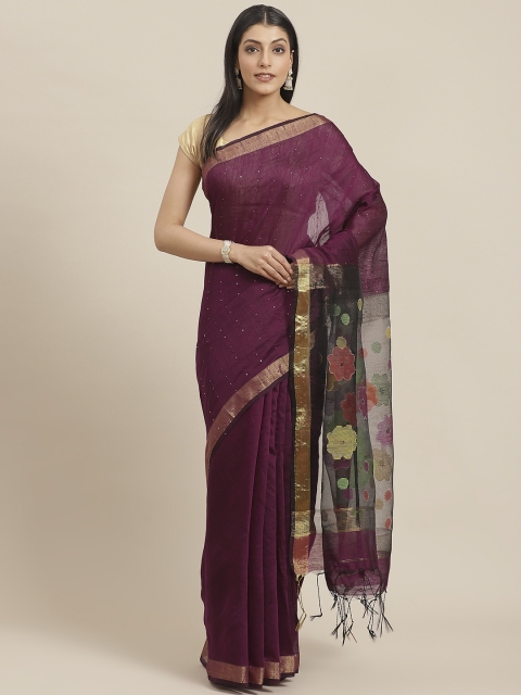 

swatika Aubergine Solid Murshidabad silk Handloom Saree, Purple
