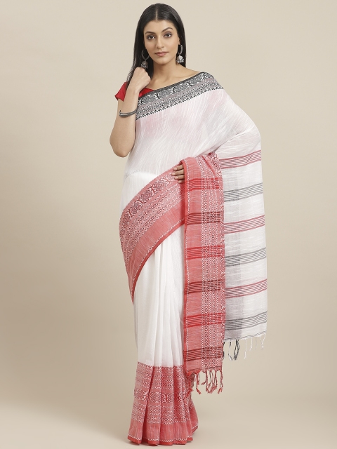 swatika White Solid Handloom Saree
