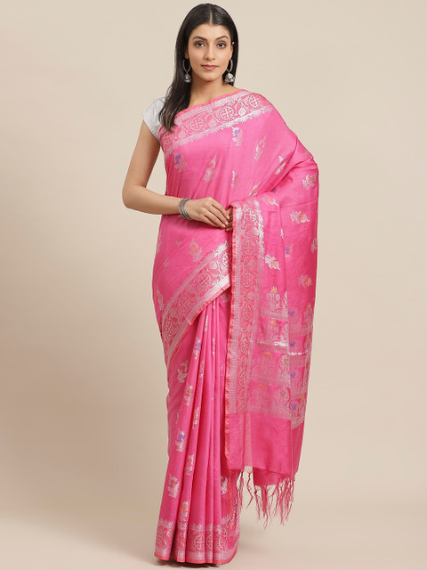 

swatika Pink & Silver Woven Design Handloom Banarasi Saree