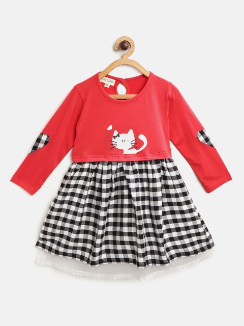 

Bella Moda Girls Red & White Colourblocked & Checked Fit and Flare Dress