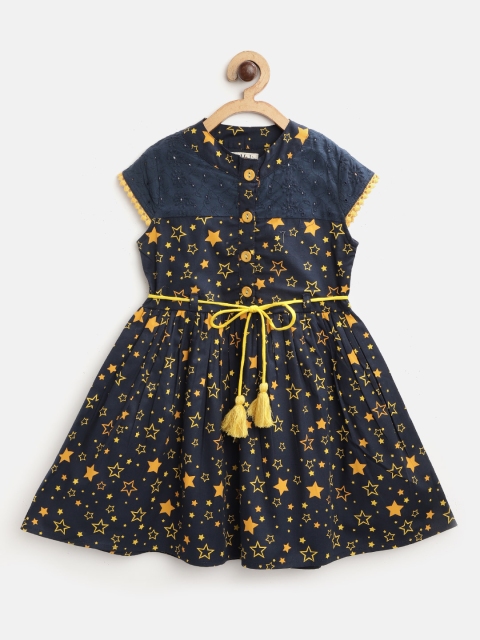 

Bella Moda Girls Navy Blue & Yellow Star Print Fit and Flare Dress with Belt
