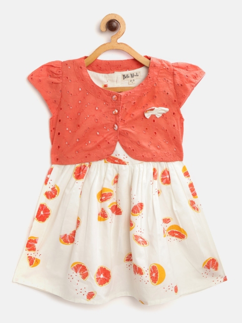 

Bella Moda Girls White & Orange Printed Fit and Flare Dress with Shrug