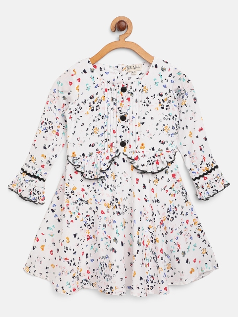 

Bella Moda Girls White & Black Abstract Printed A-Line Dress with Ruffle Detail