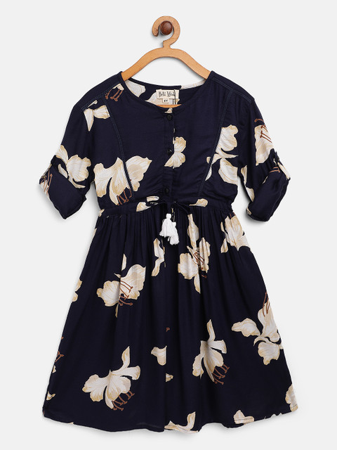 

Bella Moda Girls Navy Blue & Off-White Floral Printed Fit & Flare Dress