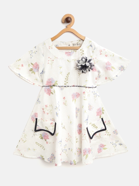 

Bella Moda Girls White & Pink Floral Print Fit and Flare Dress with Floral Applique Detail